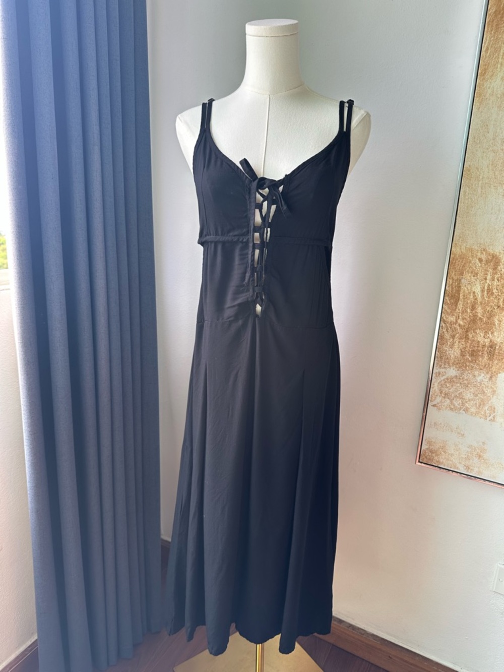 Valija Black Lace-Up Strappy Midi Dress Bohemian Hippie Casual Size M